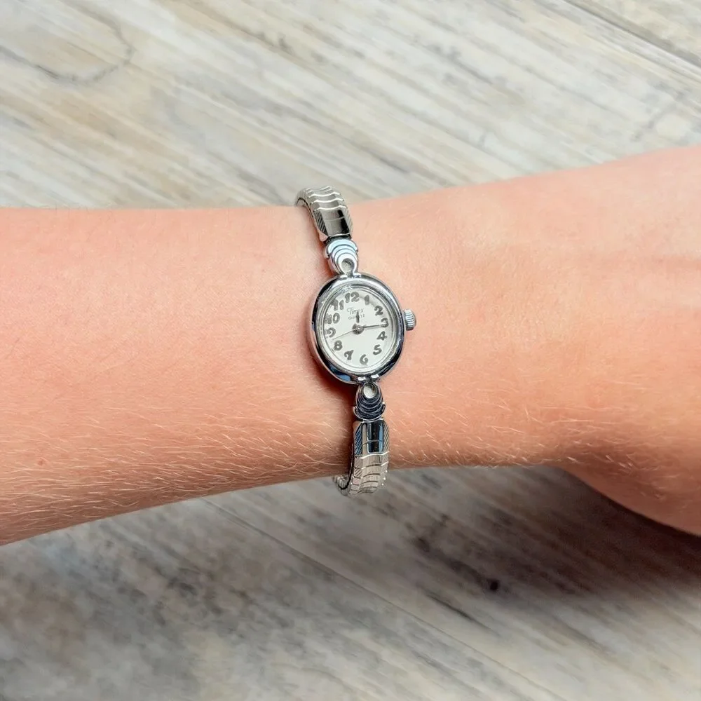 Vintage Timex Watch Dainty Silver Tone Bracelet Antique Cocktail 90s 50s Working